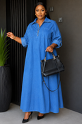 Blue Luxe Zip-Front Maxi Dress