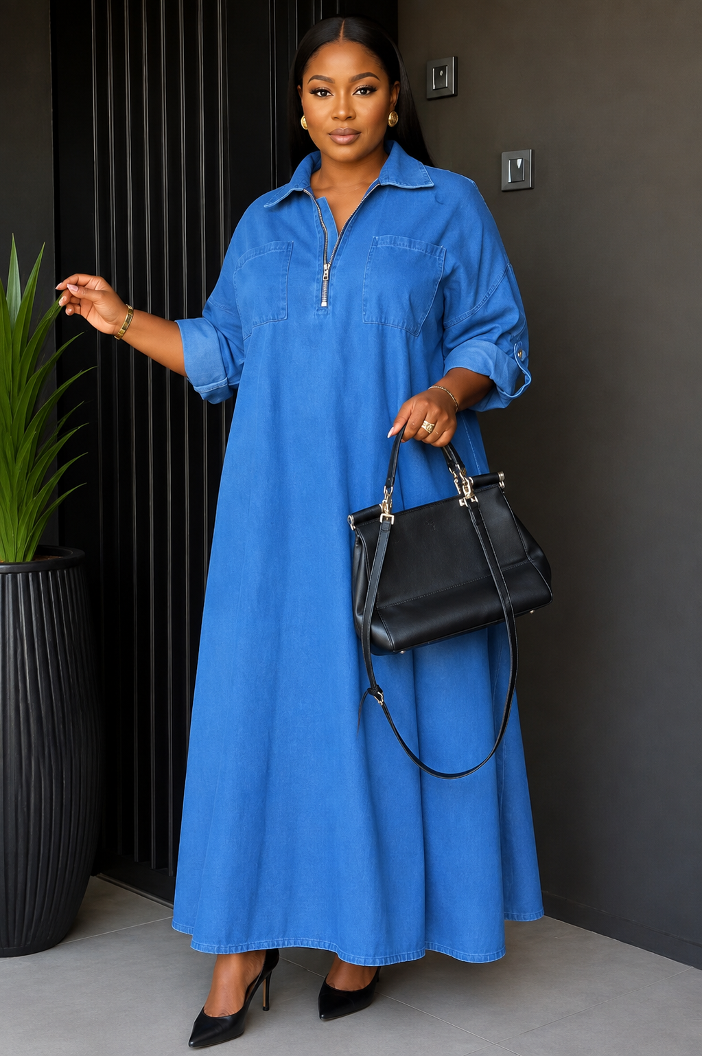 Blue Luxe Zip-Front Maxi Dress