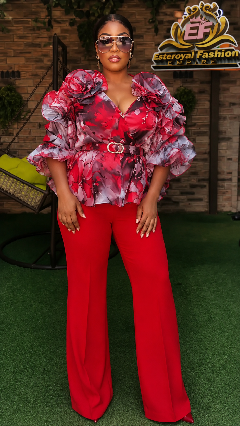Luxury Ruffle Organza Blouse & Wide-Leg Trouser Set