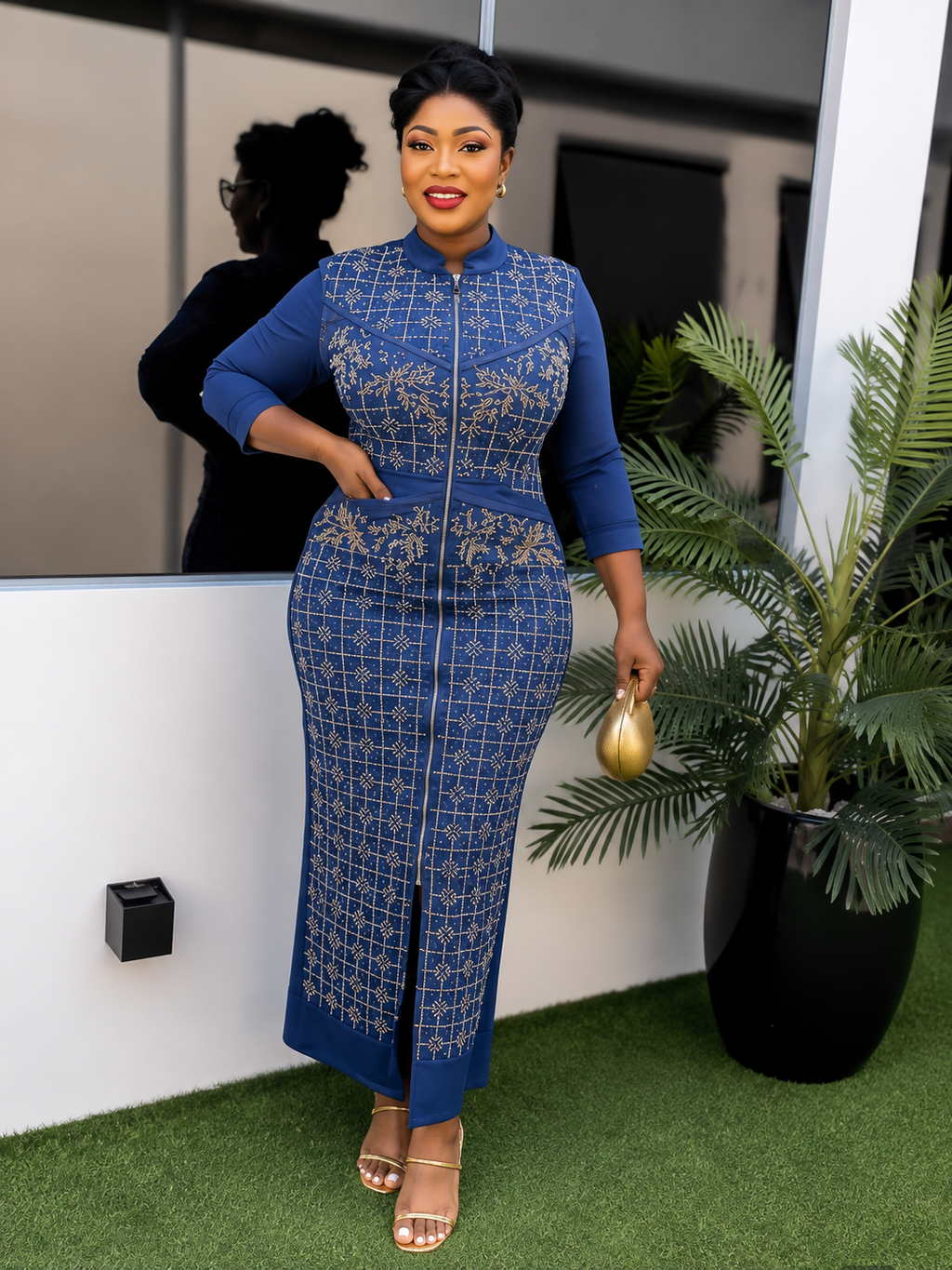 Luxury Blue Embellished Zip-Front Midi Jean Dress