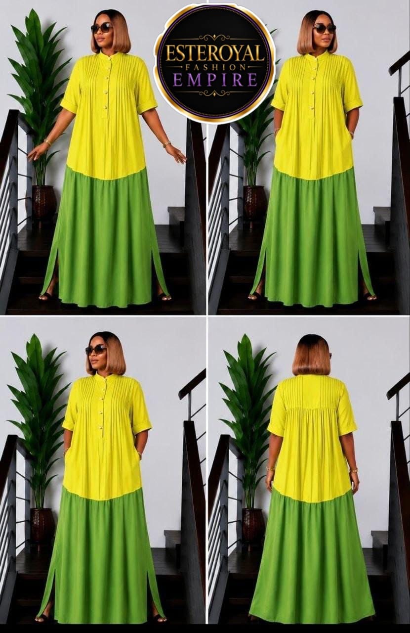 💚💛 Esteroyal Fashion Empire — Two-Tone Pleated Maxi Dress