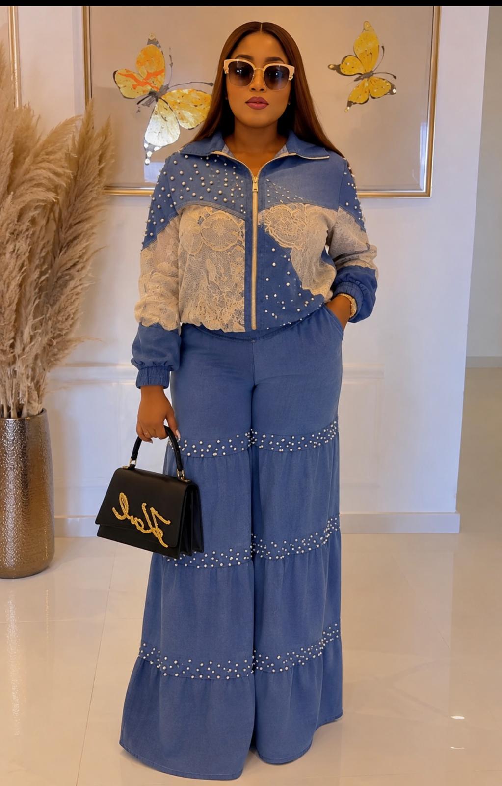 Luxury Pearl Embellished Denim Two-Piece Set